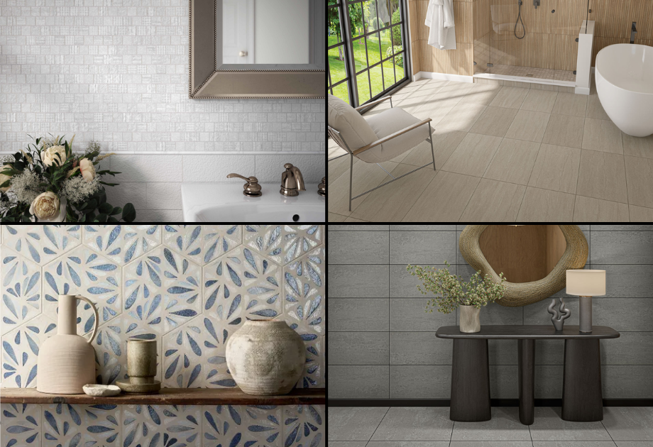 Collage of different interior spaces with textured tile
